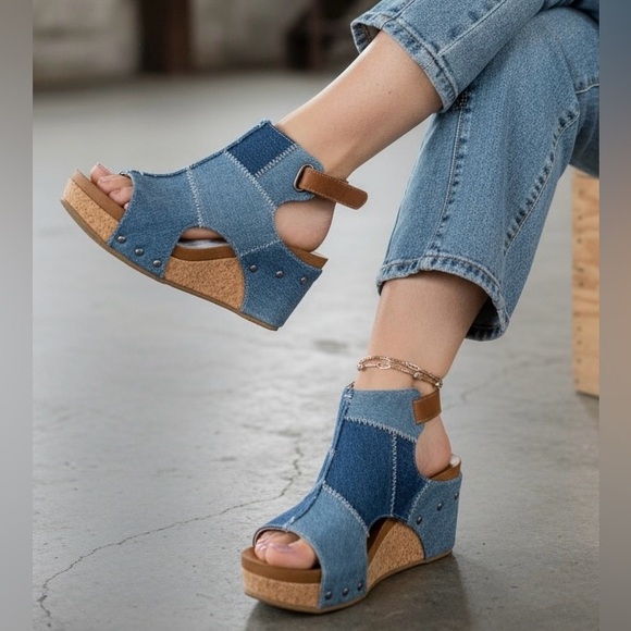 NIB Brand New In Box Very G Lala Denim Jean Patchwork Wedge Heels Sandals - Picture 3 of 5